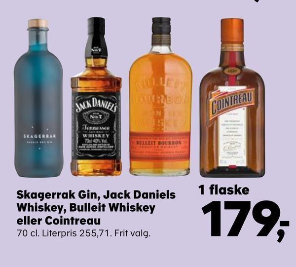 Skagerrak gin, jack daniels whiskey, bulleit whiskey eller cointreau