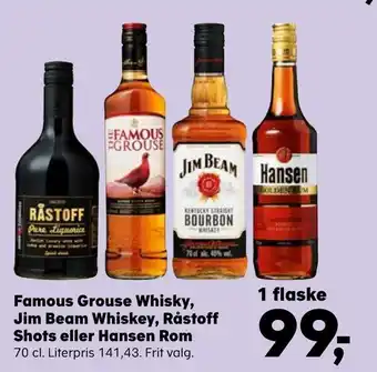 Famous grouse whisky, jim beam whiskey, råstoff shots eller hansen rom