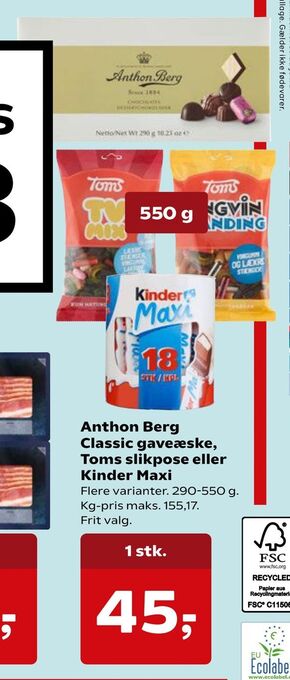 SuperBrugsen Anthon berg classic gaveæske, toms slikpose eller kinder maxi tilbud