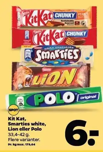 Netto Kit kat, smarties white, lion el. polo tilbud