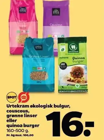 Netto Urtekram øko bulgur, couscous, grønne linser el. quinoa burger tilbud