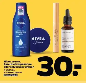 Nivea creme, essentiel vippeserum el. selvbruner dråber