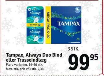 SPAR Tampax, always duo bind eller trusseindlæg tilbud