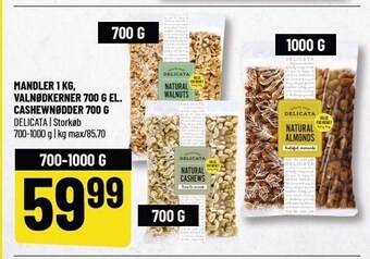 Løvbjerg Mandler 1 kg, valnøddekerner 700 g el. cashewnødder 700 g tilbud