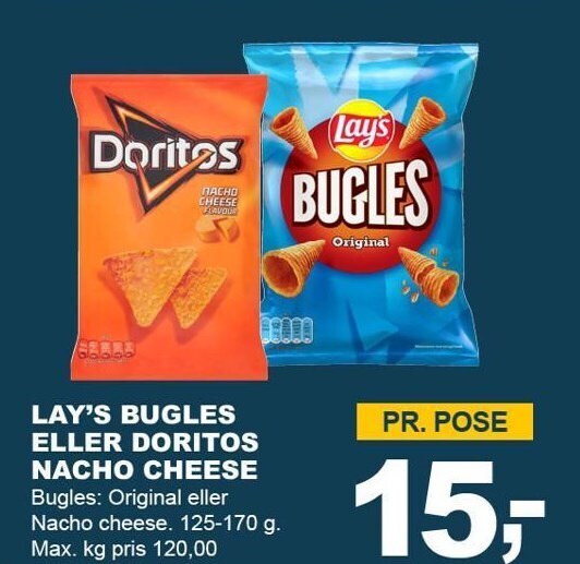 Lay's bugles el. doritos nacho cheese tilbud hos LetKøb
