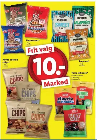Kettle cooked chips, flæskesvær, popcorn el. toms slikpose
