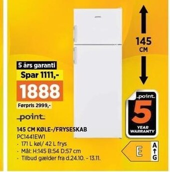Power 145 cm køle-fryseskab tilbud
