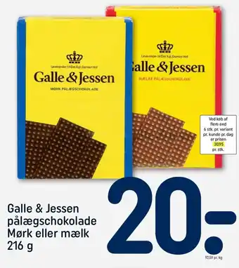 REMA 1000 Galle & Jessen Pålægschokolade Mørk Eller Mælk 216 g tilbud