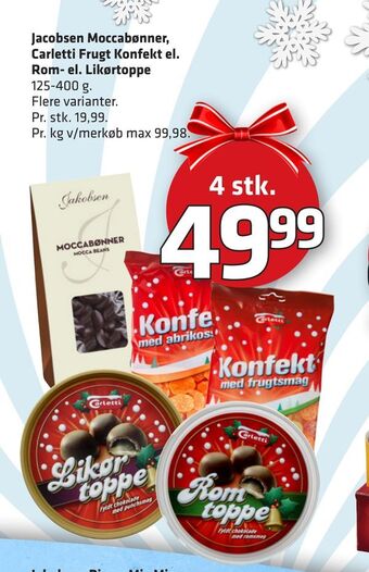 Fleggaard Jacobsen moccabønner, carletti frugt konfekt el. rom- el. likørtoppe tilbud