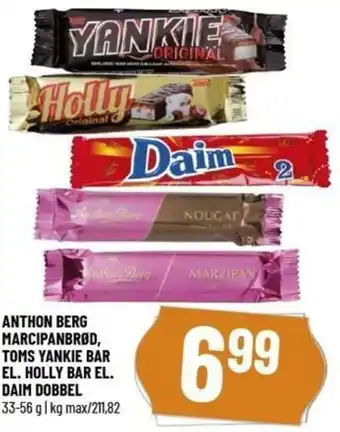Løvbjerg Anthon Berg Marcipanbrød, Toms Yankie Bar El. Holly Bar El. Daim Dobbel 33-56g tilbud