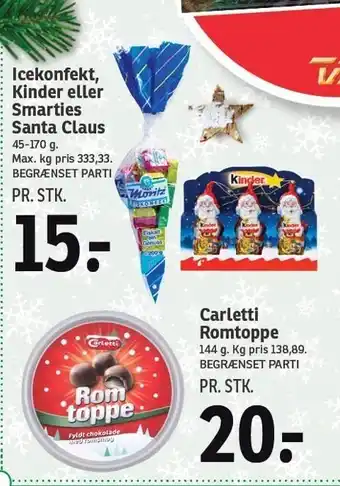 SPAR Icekonfekt, kinder, smarties santa claus el. carletti romtoppe tilbud