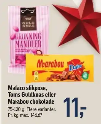 Føtex Malaco slikpose, toms guldknas el. marabou chokolade tilbud
