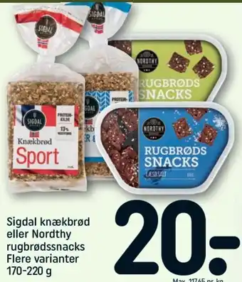 REMA 1000 Sigdal Knækbrød eller Nordthy Rugbrødssnacks 170-220 g tilbud