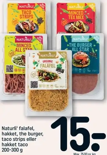 REMA 1000 Naturli' falafel Hakket, The Burger, Taco strips eller Hakket Taco 200-300g tilbud