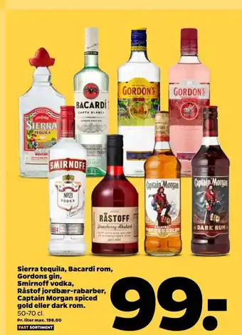 Netto Sierra tequila, bacardi rom, gordons gin, smirnoff vodka, råstof jordbær-rabarber, captain morgan spiced gold eller dark rom tilbud