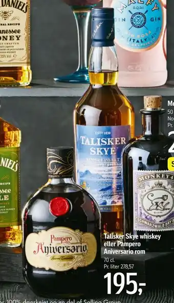 Føtex Talisker skye whiskey eller pampero aniversario rom tilbud