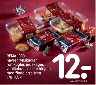 REMA 1000 Rema 1000 havregrynskugler, romkugler, jødekager, vaniljekranse eller klejner med fløde og citron tilbud