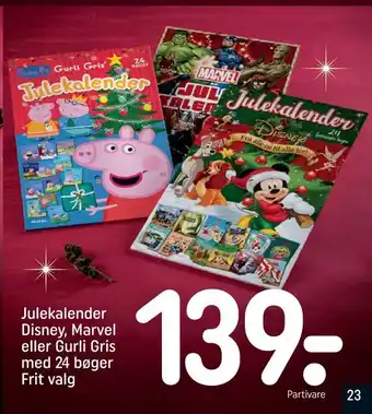 REMA 1000 Julekalender disney, marvel eller gurli gris med 24 bøger tilbud