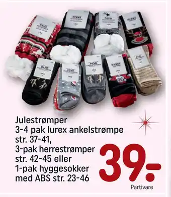 Julestrømper 3-4 pak lurex ankelstrømpe str. 37-41 3-pak herrestrømper str. 42-45 eller 1-pak hyggesokker med abs str. 23-46