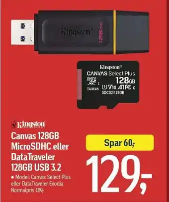 Føtex Canvas 128GB MicroSDHC Eller DataTraveler 128GB USB 3.2 tilbud
