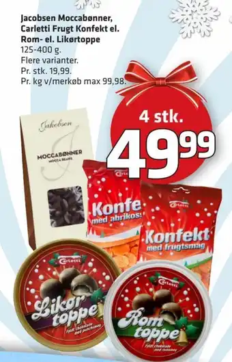 Fleggaard Jacobsen Moccabønner, Carletti Frugt Konfekt El. Rom-El Likørtoppe tilbud