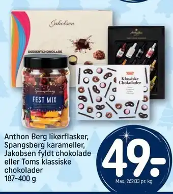 Anthon berg likørflasker, spangsberg karameller, jakobsen fyldt chokolade el. toms klassiske chokolader