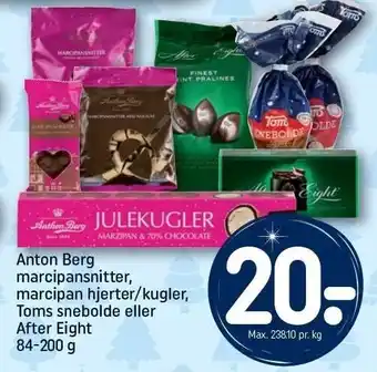 REMA 1000 Anthon berg marcipansnitter, marcipan hjerter/kugler, toms snebolde el. after eight tilbud