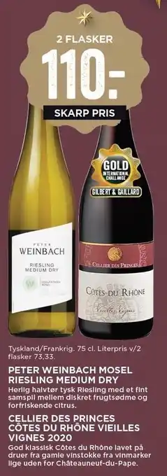 MENY Peter weinbach mosel riesling medium dry el. cellier des princes côtes du rhône vieilles vignes 2020 - 2 fl. tilbud