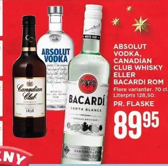 Absolut vodka, canadian club whisky el. bacardi rom