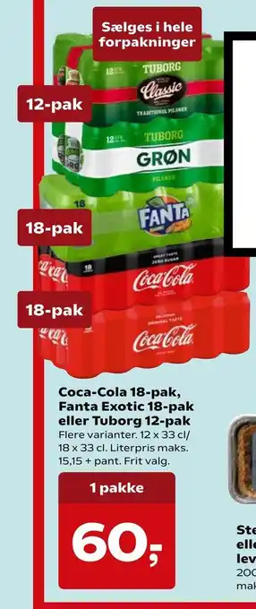 Kvickly Coca-cola , fanta exotic 18-pak eller tuborg 12-pak tilbud