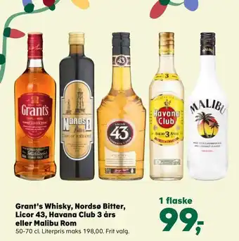 Kvickly Grant's whisky, nordsø bitter, licor 43, havana club 3 års eller malibu rom tilbud