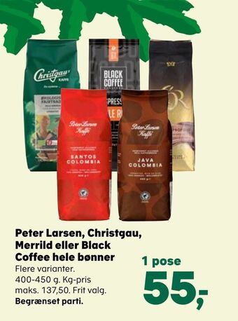 SuperBrugsen Peter larsen, christgau, merrild eller black coffee hele bønner tilbud
