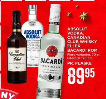 MENY Absolut vodka, canadian club whisky eller bacardi rom tilbud