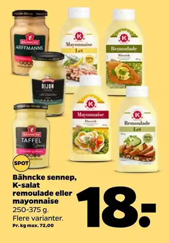Netto Bähncke sennep, k-salat remoulade eller mayonnaise tilbud