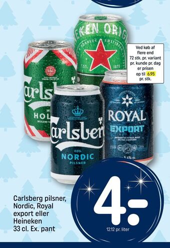 Carlsberg pilsner, nordic, royal export eller heineken