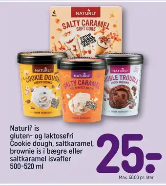 REMA 1000 Naturli' is gluten- og laktosefri cookie dough, saltkaramel, brownie is i bægre eller saltkaramel isvafler tilbud