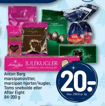 REMA 1000 Anton berg marcipansnitter, marcipan hjerter/kugler, toms snebolde eller after eight tilbud