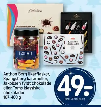 REMA 1000 Anthon berg likørflasker, spangsberg karameller, jakobsen fyldt chokolade eller toms klassiske chokolader tilbud