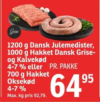 SPAR 1200 g dansk julemedister 1000 g hakket dansk griseog kalvekød 4-7% eller 700 g hakket oksekød 4-7% tilbud