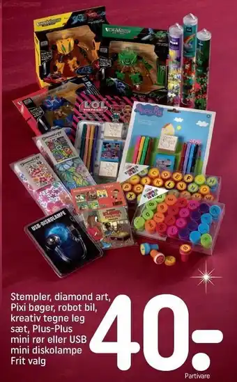 Stempler, diamond art, pixi bøger, robot bil, kreativ tegne leg sæt, plus-plus mini rør el. usb