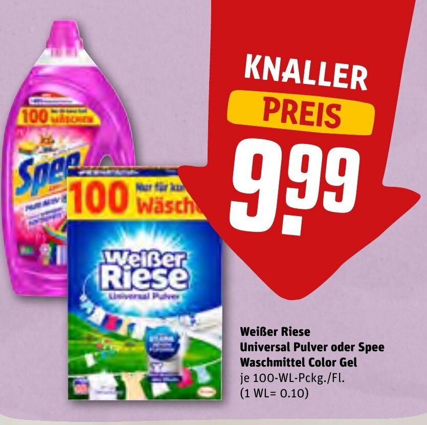 Weißer Riese Universal Pulver oder Spee Wasxhmittel Color Gel tilbud hos REWE