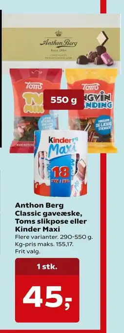 SuperBrugsen Anthon berg classic gaveæske, toms slikpose eller kinder maxi tilbud
