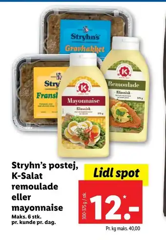 Lidl Stryhn's postej, k-salat remoulade eller mayonnaise tilbud