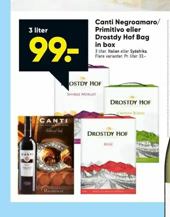 Bilka Canti Negroamaro/ Primitivo eller Drostdy Hof Bag in box tilbud