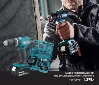 Johannes Fog Makita 18 v slagboremaskine sæt inkl. batterier, lader, kuffert samt bor /bits tilbud