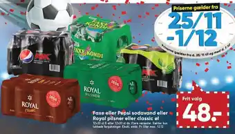 Bilka Faxe eller Pepsi Sodavand eller Royal Pilsner eller Classic Ol tilbud