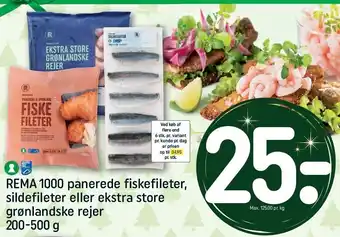 Panerede fiskefileter, sidefileter el. ekstra store grønlandske rejer