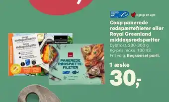 Kvickly Coop panerede rødspættefileter eller royal greenland middagsrødspætter tilbud
