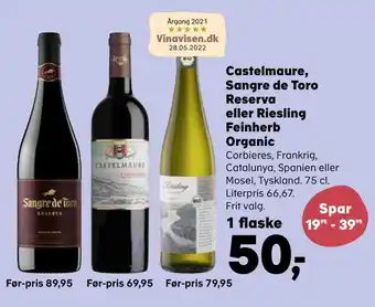 Castelmaure, sangre de toro reserva eller riesling feinherb organic