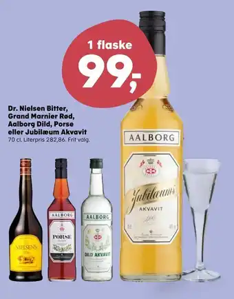 Kvickly Dr. nielsen bitter, grand marnier rød, aalborg dild, porse eller jubilæum akvavit tilbud